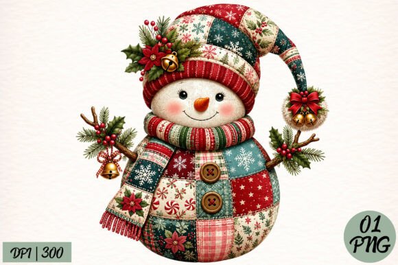 Christmas Patchwork Winter Snowman PNG for T-Shirt Designs and Local Branding