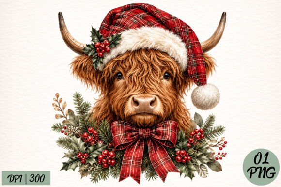 Coquette Highland Cow Christmas PNG for T-Shirt Designs