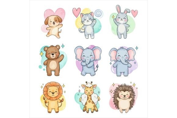 Cute Cartoon Animals Set: A Vibrant Illustrations Asset for Creative Projects