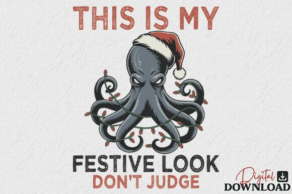 Funny Octopus Christmas PNG for Crafts and Digital Sellers