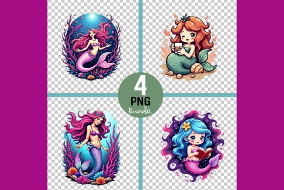 Vibrant Mermaid Illustrations in PNG: A Versatile Graphic Design Asset for Crafters